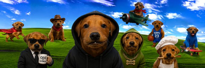 A humorous image of golden retriever dogs in various costumes (CEO, cowboy, pilot, 'Puppy 23', chef) and a central dog in a black hoodie on a green Windows XP-style hill background.