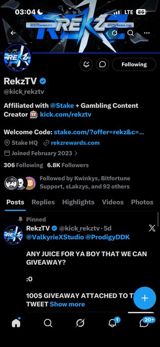 Twitter/X profile for @kick_rekzTV showing RekzTV, affiliated with @Stake, with a pinned post asking about a juice giveaway.