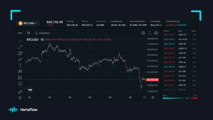 A HertzFlow trading interface displays the BTC/USD chart at $60,732.90, showing a 5% loss over 24 hours with a current price of $60,739.57.