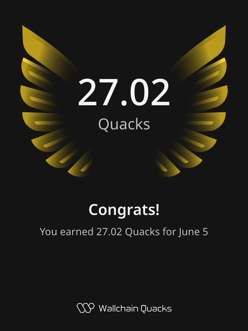 The image features a black background with gold text, celebrating a user's achievements at Wallchain Quacks. The main highlight of the photo is an illustration that looks like an eagle's wing. At the bottom of this eye-catching image, there are two numbers displayed in white - 27.02 and 142.0 respectively. A congratulations message congratulates the user for earning exactly 27.02 Quacks on June 5th. The image itself is quite large, occupying most of the space in the frame, making it a prominent and memorable element of the post.