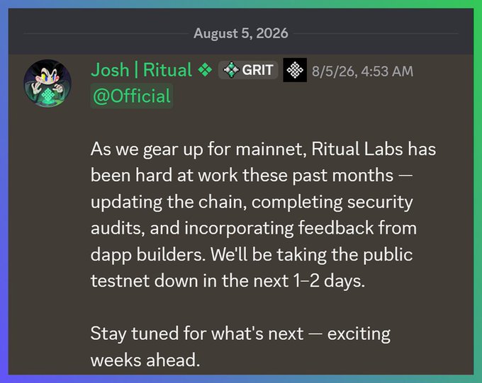 Discord or message screenshot dated August 5, 2026, from 'Josh | Ritual' announcing that Ritual Labs is preparing for mainnet, with public testnet being taken down in 1-2 days.