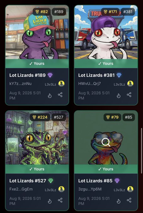 A mobile app interface displays a grid of four 'Lot Lizards' digital collectibles (numbered #189, #381, #527, and #85), each showing a unique lizard character and marked with '✓ Yours'.