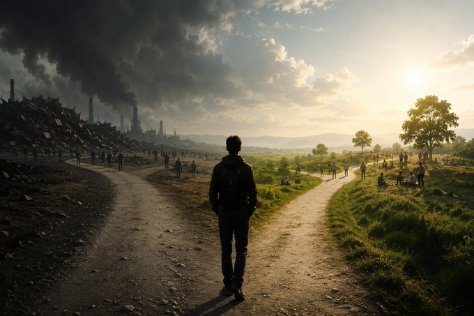 A lone figure stands at a crossroads, with one path leading toward a polluted, industrial wasteland on the left and the other toward a bright, hopeful landscape with people gathered on the right—symbolizing the choice between Web3's current wallet-centric focus and the reputation-driven future that NucleusCodes is building.