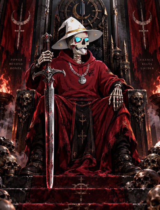 A digital artwork depicts a skeletal figure in red robes and a white wizard hat holding a sword, seated on a throne surrounded by skulls with text reading 'POWER BEYOND BONES' and 'SILENCE RULES LOUDER'.