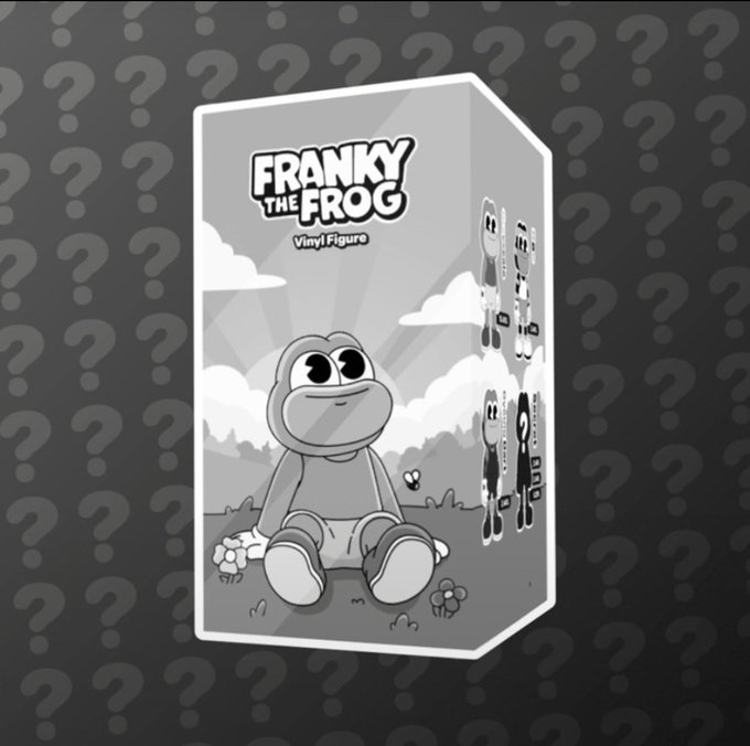 A grayscale promotional image for a 'Franky the Frog' vinyl figure in its packaging, set against a background patterned with question marks.