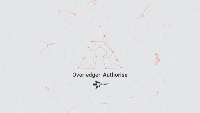 An animated graphic displays 'Overledger Authorise' by Quant, featuring an orange geometric triangle design on a light background.