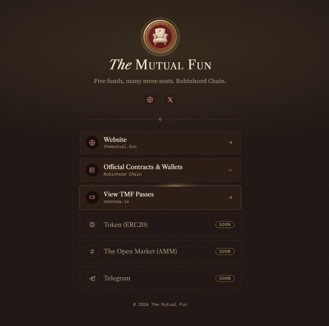 A dark webpage interface for 'The Mutual Fun' with the tagline 'Five funds, many more seats. Robinhood Chain,' featuring navigation links for Website, Official Contracts & Wallets, and View TMF Passes.