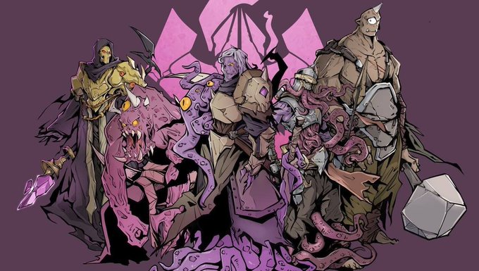 A lineup of four monstrous, Lovecraftian-inspired heroes with tentacles, fangs, and weapons stand before a pink emblem, visually representing the evolution from collected NFT "fragments" into powerful in-game identities mentioned in the post about Dungeon Saga.