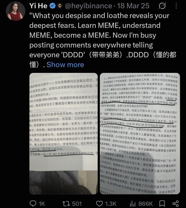 Yi He (@heyibinance), co-founder of Binance, tweets about learning "MEME" and becoming a MEME, while busy posting "DDDD" (带带弟弟) and "DDDD (懂得都懂)" comments everywhere, with the phrase "懂得都懂" carrying the insider meaning of "those who understand, understand."