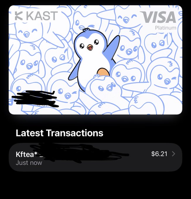A digital wallet screen displays a KAST Visa Platinum card featuring a cartoon penguin illustration over a pattern of penguin faces, with a recent transaction of $6.21 from 'Kftea*'.
