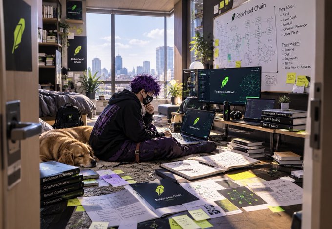 A person with purple hair sits on the floor of a high-rise apartment surrounded by Robinhood Chain cryptocurrency merchandise, cryptocurrency-themed books, laptops, and notes pinned to a whiteboard, with a golden retriever dog resting nearby.