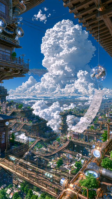 A fantastical steampunk cityscape stretches below towering buildings with massive cumulus clouds dominating the sky, while a curved structure with a reflective sphere floats above the urban sprawl. The image's grand, immersive atmosphere of a bustling futuristic city complements the post's promotion of an upcoming 4-day "mimi" event running all day from 00:00 to 23:59.