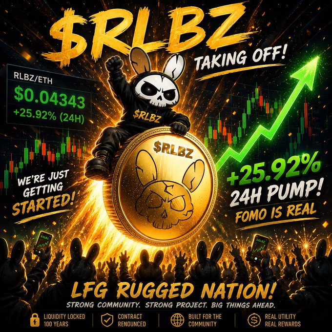 A promotional graphic for the $RLBZ cryptocurrency token featuring a skull rabbit mascot riding a rocket, displaying a 25.92% 24H pump with text 'TAKING OFF!', 'LFG RUGGED NATION!', and 'STRONG COMMUNITY. STRONG PROJECT. BIG THINGS AHEAD.'