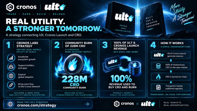 An infographic titled 'REAL UTILITY. A STRONGER TOMORROW' detailing a Cronos x ULT strategy involving 228M CRO community burn and 100% revenue buyback and burn.