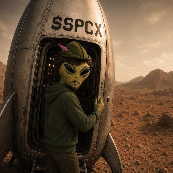 An alien figure with large black eyes, wearing a green hat with a feather and a matching hoodie, stands at the open hatch of a weathered rocket ship labeled "$SPCX" on a barren, Mars-like desert landscape. The image playfully illustrates the post's "Highlien" character from outer space, humorously tying the cosmic alien to the crypto token's staking narrative, where locking $SPCX for longer periods yields greater rewards.