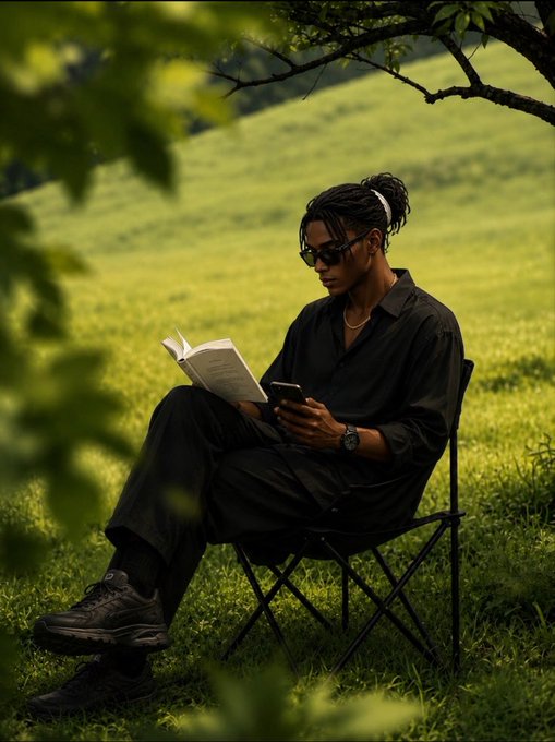 A stylish individual sits in a folding chair on a lush green hillside, reading a book while holding a smartphone. The image's relaxed, contemplative atmosphere pairs well with the post's urgent call-to-action, using the peaceful scene as a backdrop to prompt engagement and share a Solana wallet address.