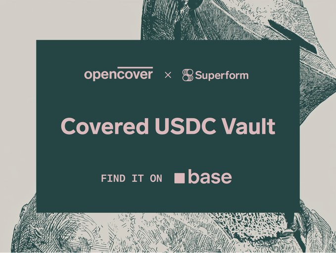 The image features an advertisement for a vaulting service called "@Superform" that offers covered USDC vaults. The text "covered USDC Vault" is displayed, indicating that the vaulting service provides protection against unauthorized access to the vaulted data stored within. Users can find more information about this service by accessing the app on their phone or tablet.