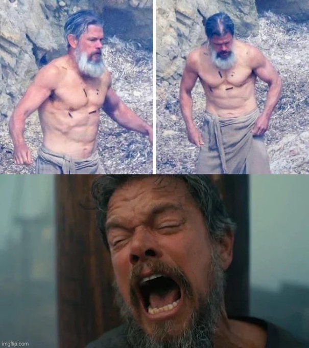 A meme featuring two photos of an emaciated, shirtless bearded man with wounds on his chest, paired below with a screaming face image from imgflip.com.