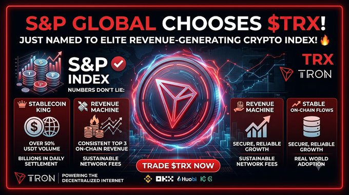 A promotional graphic announcing 'S&P GLOBAL CHOOSES $TRX!' for the S&P Index, highlighting TRON's features as a stablecoin king, revenue machine, and stable on-chain flows, with logos for OKX, Huobi, and Gate.io at the bottom.