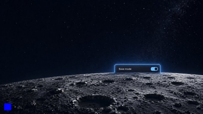 A dark, atmospheric image shows a moon-like surface beneath a starry sky, with a glowing blue toggle switch in the center labeled 'Base mode' turned on.