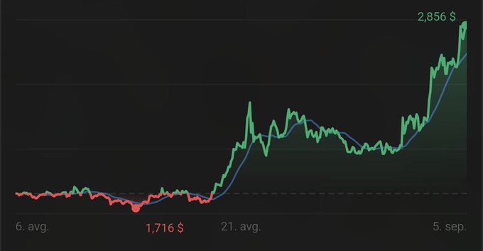 A line chart on a dark background displays a significant upward trend, showing a value rising from a low of '1,716 $' to a high of '2,856 $' over a timeframe spanning from '6. avg.' to '5. sep.'.