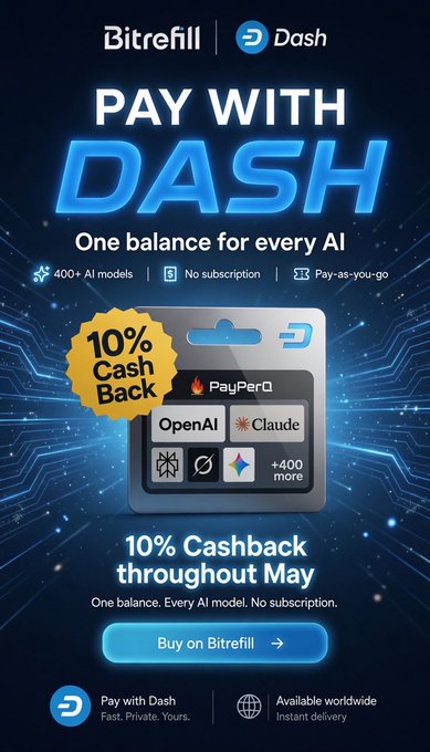 The focus of the image is a flyer promoting a new form of payment using Dash, with the main feature being that 10% cashback can be claimed throughout May. The flyer also highlights the benefits of using Dash for AI applications. There are no other significant elements in the image aside from this prominent promotion and information about the payment method.