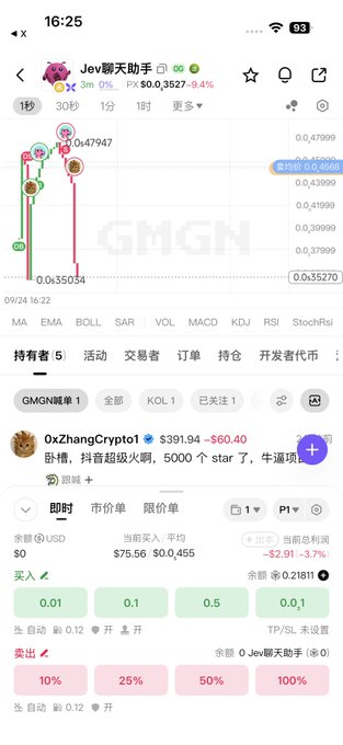 Screenshot of a cryptocurrency trading app showing a token called 'Jev'聊天助手' with price charts, trading pairs, and trading interface in Chinese.
