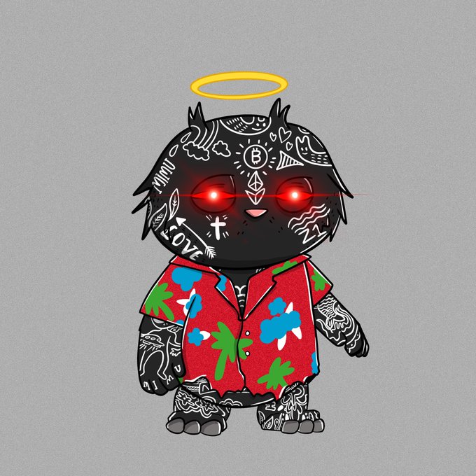 An illustration of a black cartoon character with glowing red eyes, covered in white tattoos including "LOVE" and a "B" symbol, wearing a red Hawaiian shirt with blue and green patterns and a yellow halo above its head.