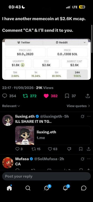 A Twitter screenshot shows a user posting about a memecoin with a $2.6K market cap and offering to share the contract address (CA) in replies, with users "liuxing.eth" and "SolMufasa" requesting it—this relates to the accompanying post which provides the Solana contract address "BakyXRTtW2cdivHrqoENQhSfaMjGLRgDudV8QSBGcKNf" that someone likely shared in response.