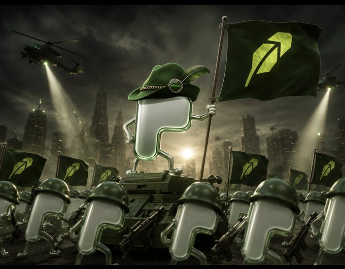 An army of chrome figures in military helmets and green flags with a leaf logo, led by a figure in a green Tyrolean hat holding a flag, marching against a dark cityscape.
