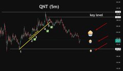 The image shows a 5-minute QNT/USDT price chart on a trading platform, displaying a sharp downtrend with red arrows pointing to key support levels and a decline pattern. The chart's downward trajectory visually confirms the post's statement that "the coin continues to move down globally according to the setup."