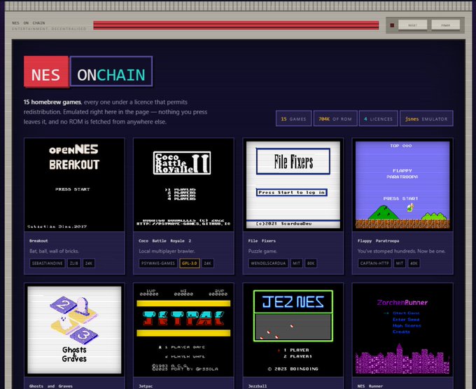 A pixel-art retro website titled "NES ON CHAIN" displays a collection of 15 homebrew games running directly on blockchain, including titles like "OPERNES BREAKOUT," "File Fixers," "Flappy Paratroopa," "Ghosts and Graves," "Jetpack," "JEZ NES," and "Zorium Runner," with stats showing "15 GAMES, 798K OF ROM, 4 LICENSES, JUNES EMULATOR." The image visually supports the post's claim about fully onchain NES games by showcasing the available playable catalog, while humorously acknowledging that resource constraints (like physics and memory limits) make deploying something like GTA impractical on-chain.