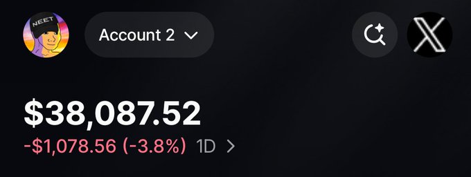 A Robinhood account dashboard displays a portfolio value of $38,087.52, down $1,078.56 (-3.8%) for the day, illustrating the struggle referenced in the caption about the portfolio "fighting as hard as it can to bottom at $35k."
