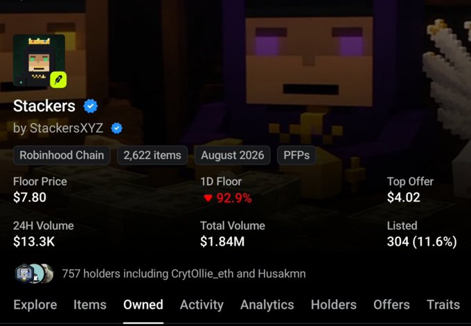 A mobile app screen for a "Stackers" NFT collection on Robinhood Chain, showing 2,622 items, August 2026 mint date, with a floor price of $7.80 and 24H volume of $13.3K.