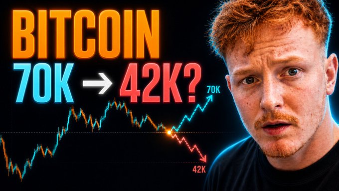 A YouTube thumbnail features a red-haired man alongside a Bitcoin price chart showing a potential move from 70K down to 42K, with bold text reading "BITCOIN 70K → 42K?"—visually teasing the video's discussion of two possible BTC price scenarios plus analysis of ETH, HBAR, SOL, and XRP.