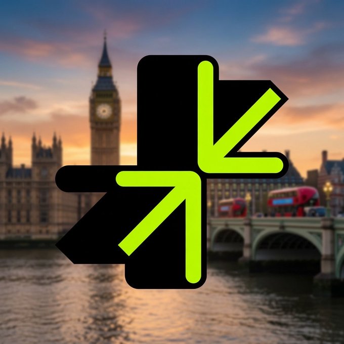 A graphic featuring a large black and neon green logo overlaid on a sunset view of London's Big Ben and the Houses of Parliament along the Thames River.