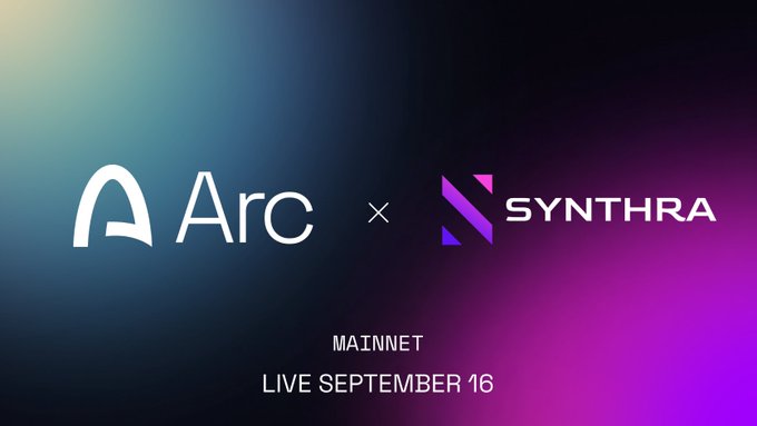 A promotional image showing logos for "Arc" and "SYNTHRA" separated by an "x," with the text "MAINNET LIVE SEPTEMBER 16" displayed against a dark background with blue and purple gradient lighting.