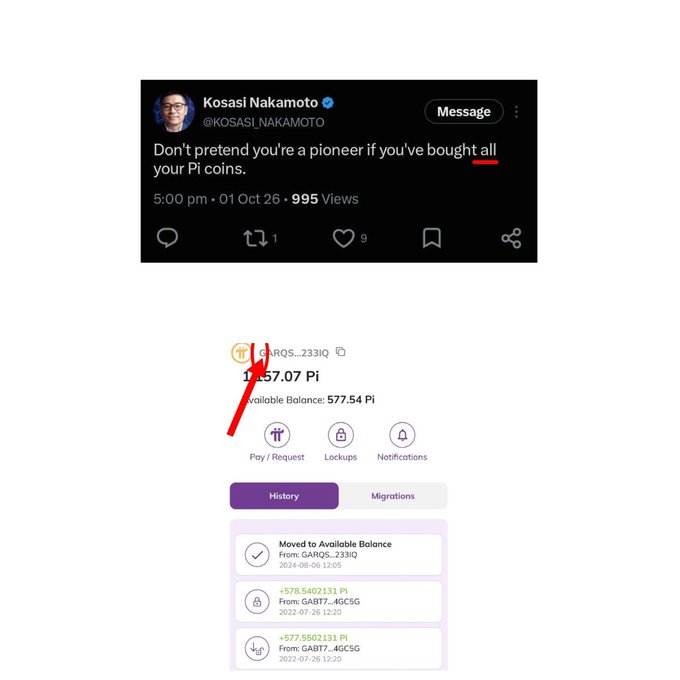 A tweet from Kosasi Nakamoto (@KOSASI_NAKAMOTO) reads "Don't pretend you're a pioneer if you've bought all your Pi coins," paired below with a Pi Network wallet screenshot showing user GARGS_233IQ holding 1,357.07 Pi (available balance 577.54 Pi), illustrating the post's point that true Pi Pioneers must complete the full KYC and migration process rather than simply purchasing tokens.