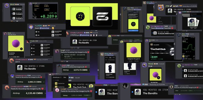 A flurry of Discord notifications celebrates a successful airdrop for the "EGO DAO," with messages confirming the receipt of "1 ITEMS The Bandits," 4,135.46 CMNS distributed, and a positive +0.289 (+0.20%) gain in token value. The image directly supports the "EGO DAO up only" caption, as it visually displays the corresponding 24-hour price ticker, recent transaction alerts, and community engagement surrounding the airdrop event.
