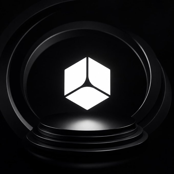 A sleek, dark 3D-rendered graphic featuring a glowing white hexagonal cube logo centered within circular stages and arches on a black background.