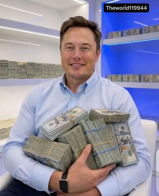 A man resembling Elon Musk smiles while holding large stacks of US dollar bills in front of shelves filled with more cash; the image is labeled 'Theworld19944'.