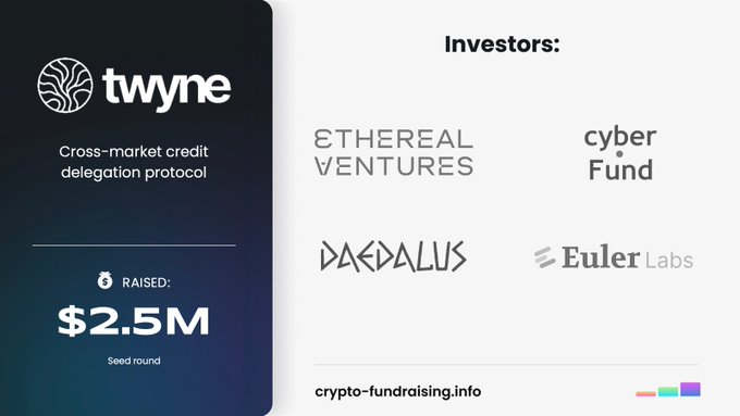 Twyne, a cross-market credit delegation protocol, raised $2.5M in a seed funding round led by Cyber Fund and Ethereal Ventures, with participation from Daedalus and Euler Labs.