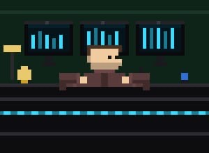 A pixel art image shows a person sitting at a desk facing three monitors displaying blue bar graphs in a dimly lit room. The image illustrates the post's request for participants to drop their EVM wallets, likely for a cryptocurrency giveaway.
