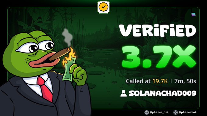 A Pepe the Frog meme graphic for a verified crypto/casino result showing '3.7X' called at 19.7K, with the handle SOLANACHAD009.