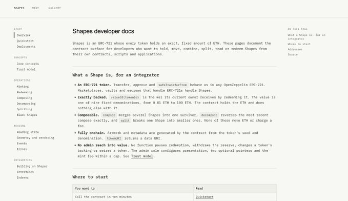 A screenshot of the Shapes developer documentation website, with the heading 'Shapes is an ERC-721 whose every token holds an exact, fixed amount of ETH' and a section titled 'What a Shape is, for an integrator'.