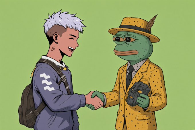 An anime-style illustration showing a young man with white hair shaking hands with an anthropomorphic frog dressed in a yellow suit, fedora with a feather, and tie, who is holding a video game controller.