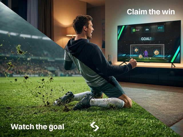 An advertisement shows a man in athletic gear celebrating a soccer goal on TV in a modern living room, with the room transitioning into a stadium scene with grass and flying debris. Text reads 'Claim the win' and 'Watch the goal' with a score overlay showing 'GOAL!'.