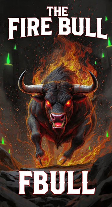 Artwork for 'THE FIRE BULL' cryptocurrency token ($FBULL), depicting a fierce bull engulfed in flames with glowing red eyes.