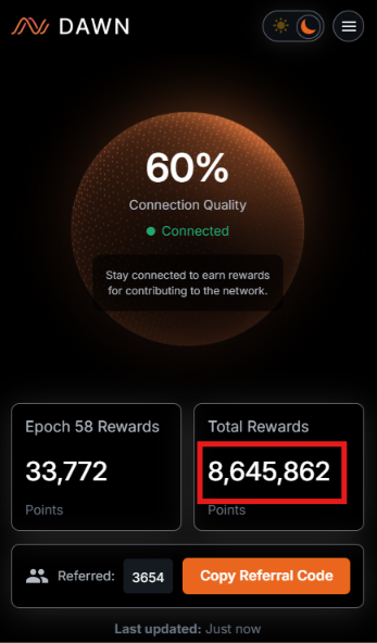 The image shows the DAWN Network dashboard displaying a 60% Connection Quality status (Connected) with 33,772 Epoch 58 Rewards points and a Total Rewards balance of 8,645,862 points (highlighted in red), alongside a referral count of 3654.

The screenshot illustrates the points issue mentioned in the post, with the red highlight around the Total Rewards figure drawing attention to user concerns about missing or incorrect point balances.