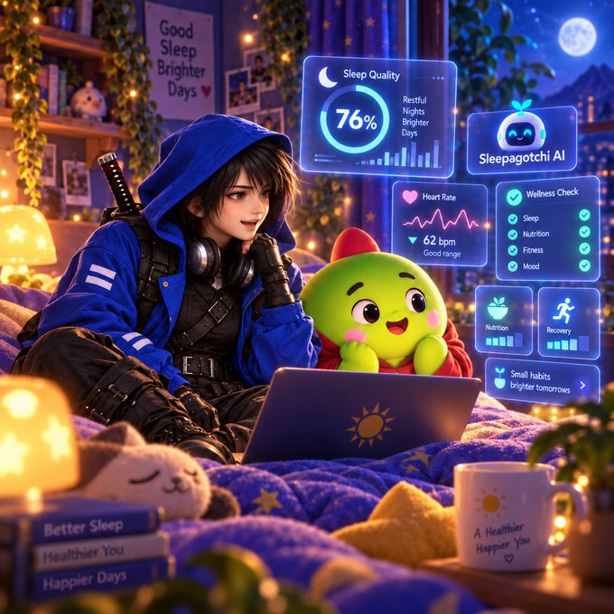 An anime-style illustration of a character and a green creature using a laptop, surrounded by holographic wellness displays including 'Sleep Quality 76%' and 'Sleepagotchi AI'.